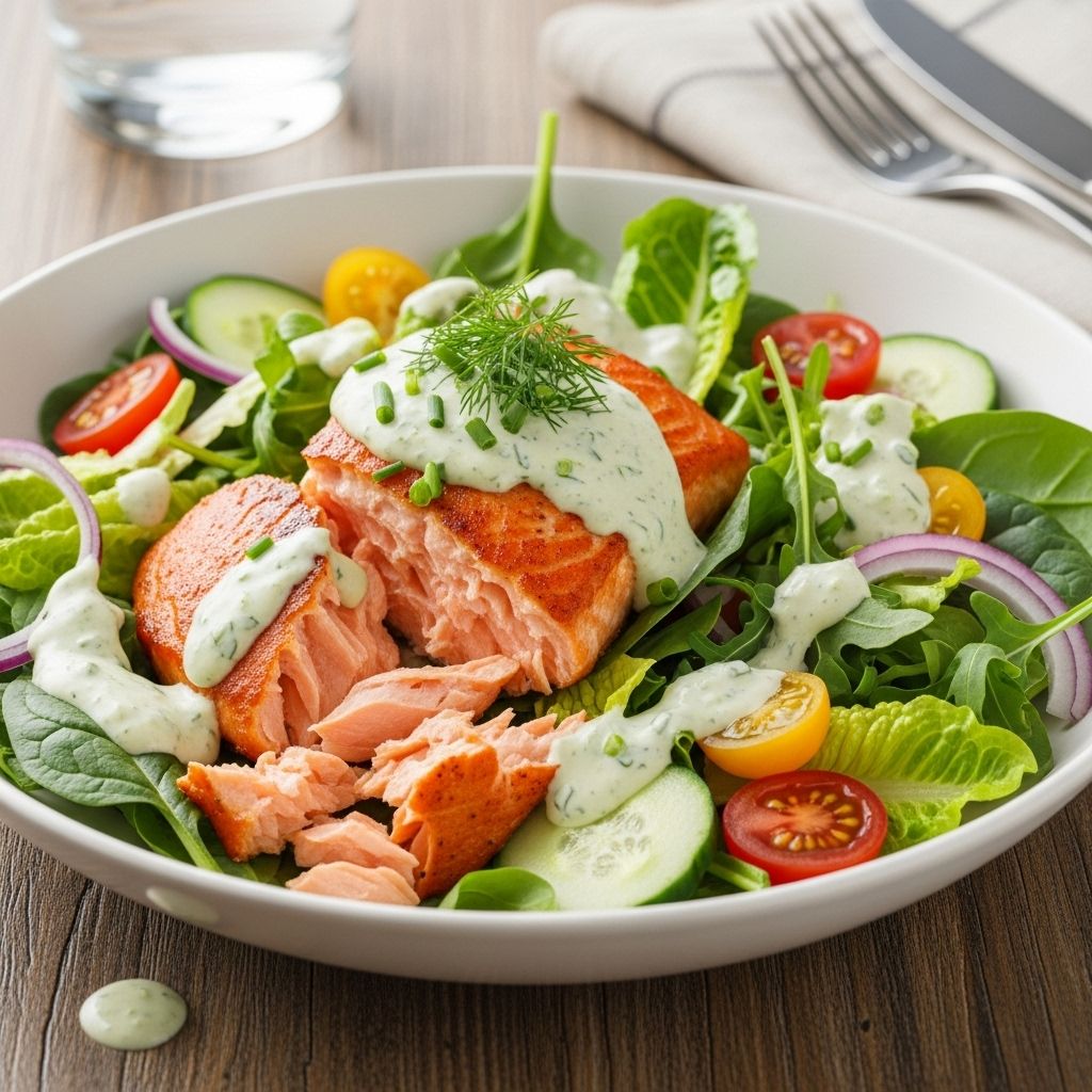 Discover a vibrant salmon salad topped with zesty green goddess dressing—packed with fresh herbs, wholesome ingredients, and seasonal inspiration.