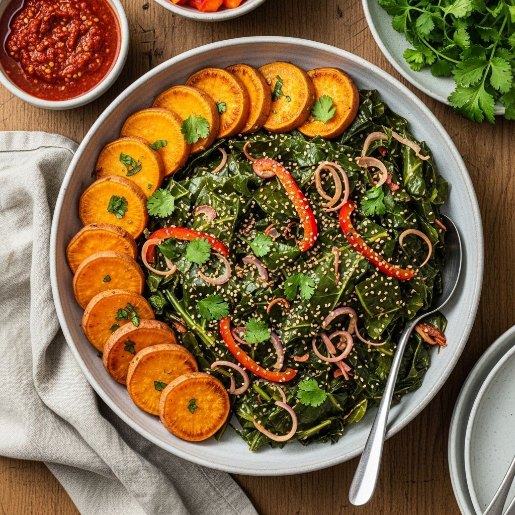 Saucy Coconut Collards With Sweet Potato Rounds: A Nourishing Plant-Based Feast Savor tropical flavors and whole-food nutrition with this vibrant, plant-based meal of coconut collards, crispy sweet potato rounds, and millet.