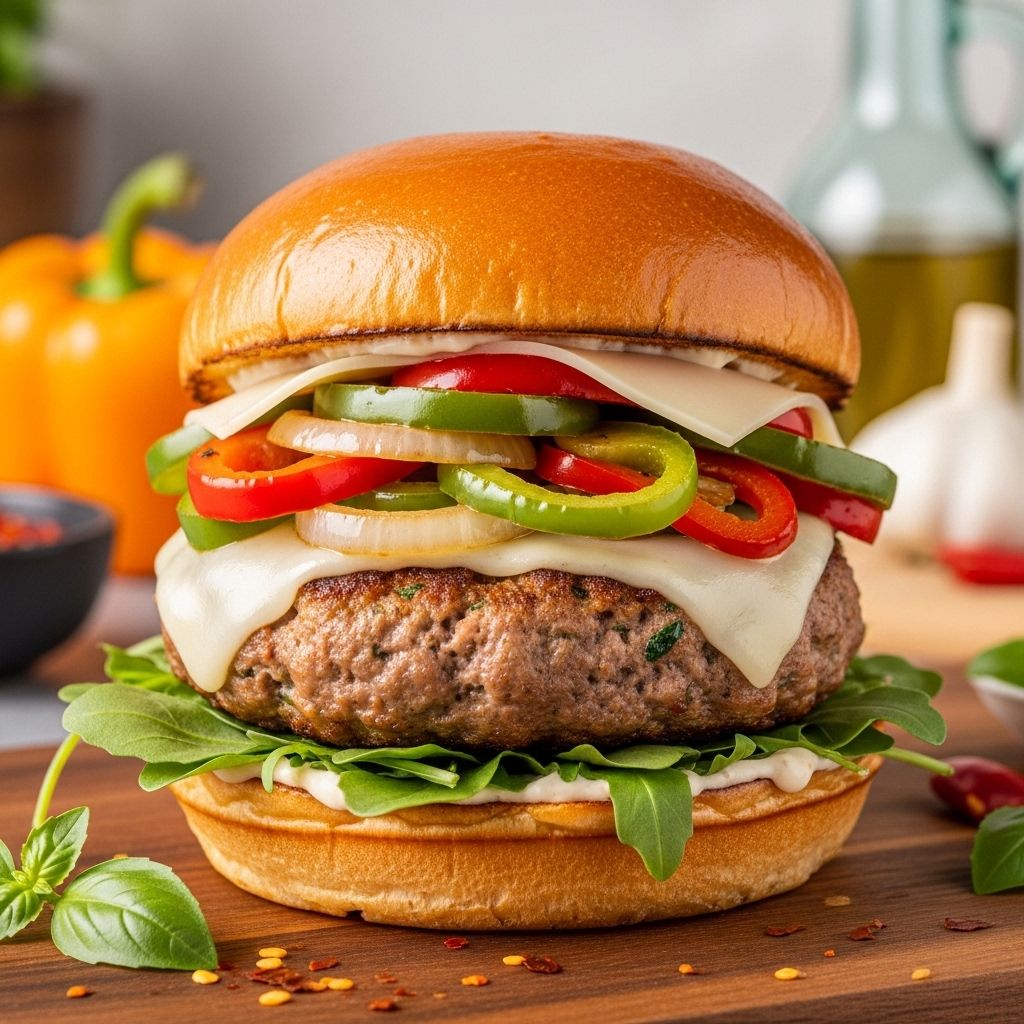 Rich Italian-inspired patties crowned with sautéed vegetables and melted provolone for a mouthwatering experience.