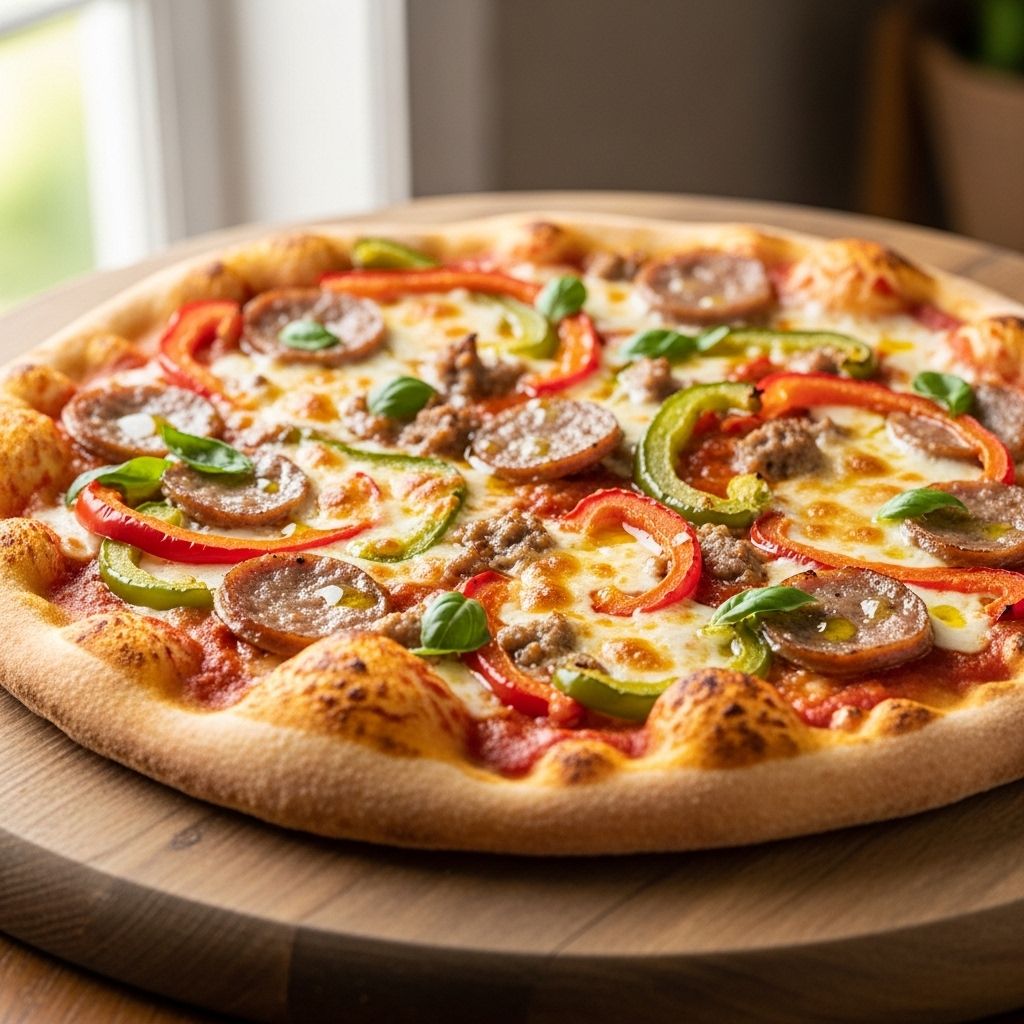 Rich seasoned meat, crisp vegetables, and gooey cheese meld into a flavor-packed slice.