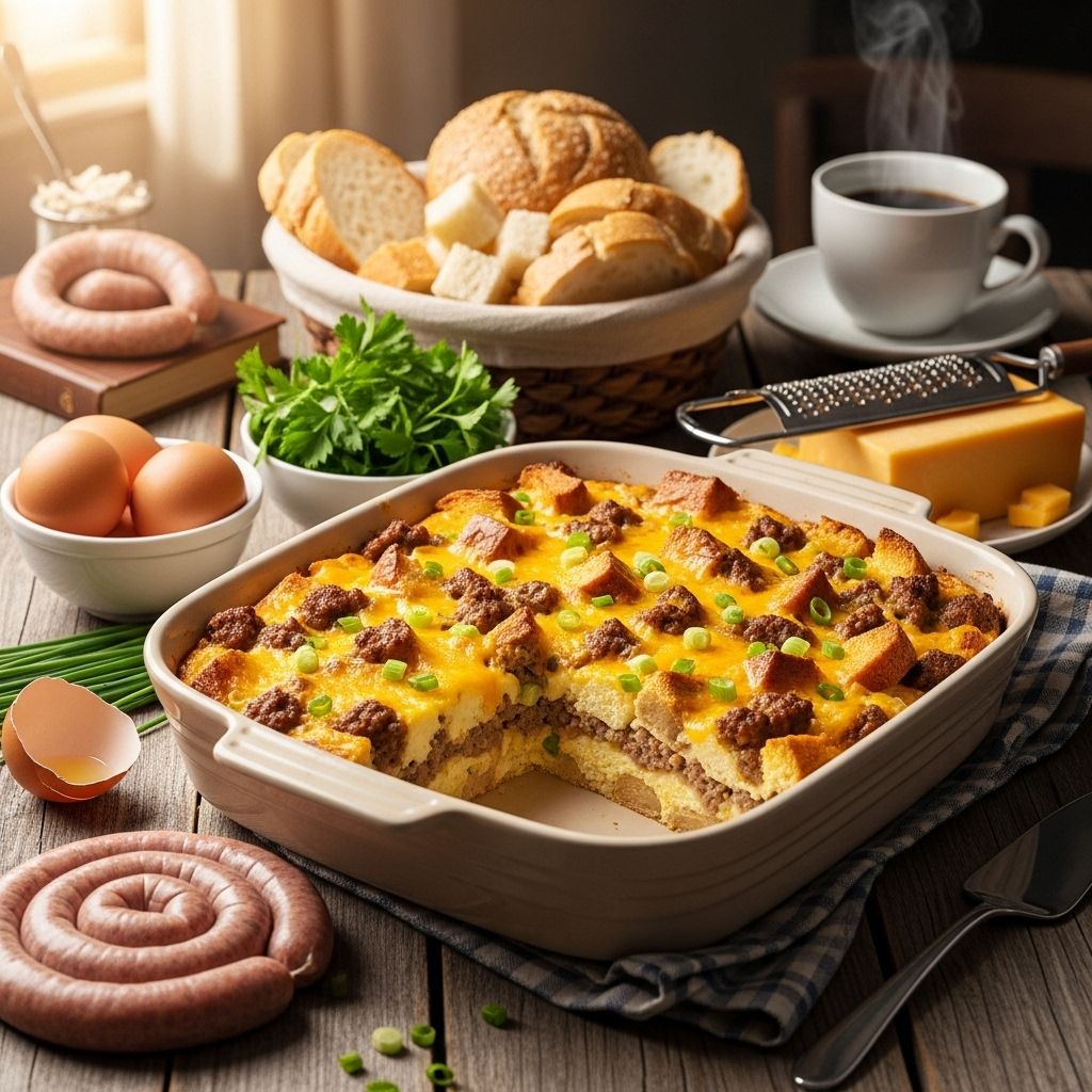 Hearty layers of meat, cheese, and potatoes come together for stress-free mornings.