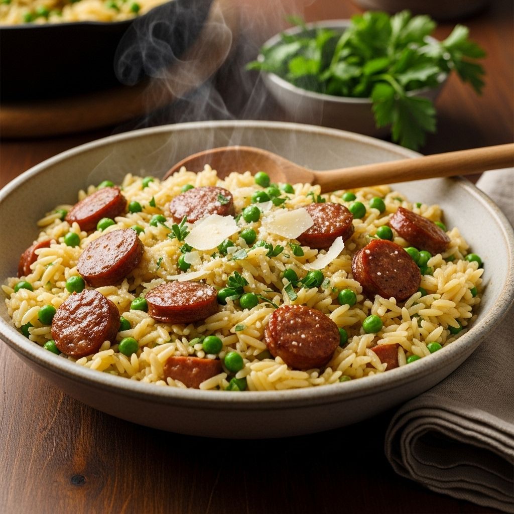 One-Pot Sausage and Pea Orzo “Risotto”: A Flavorful, Effortless Weeknight Meal A savory, creamy dish that comes together quickly and leaves just one pan to clean.