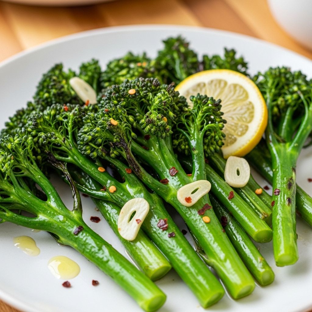 A vibrant side showcases garlic-kissed stems and zesty lemon brightness at every meal.