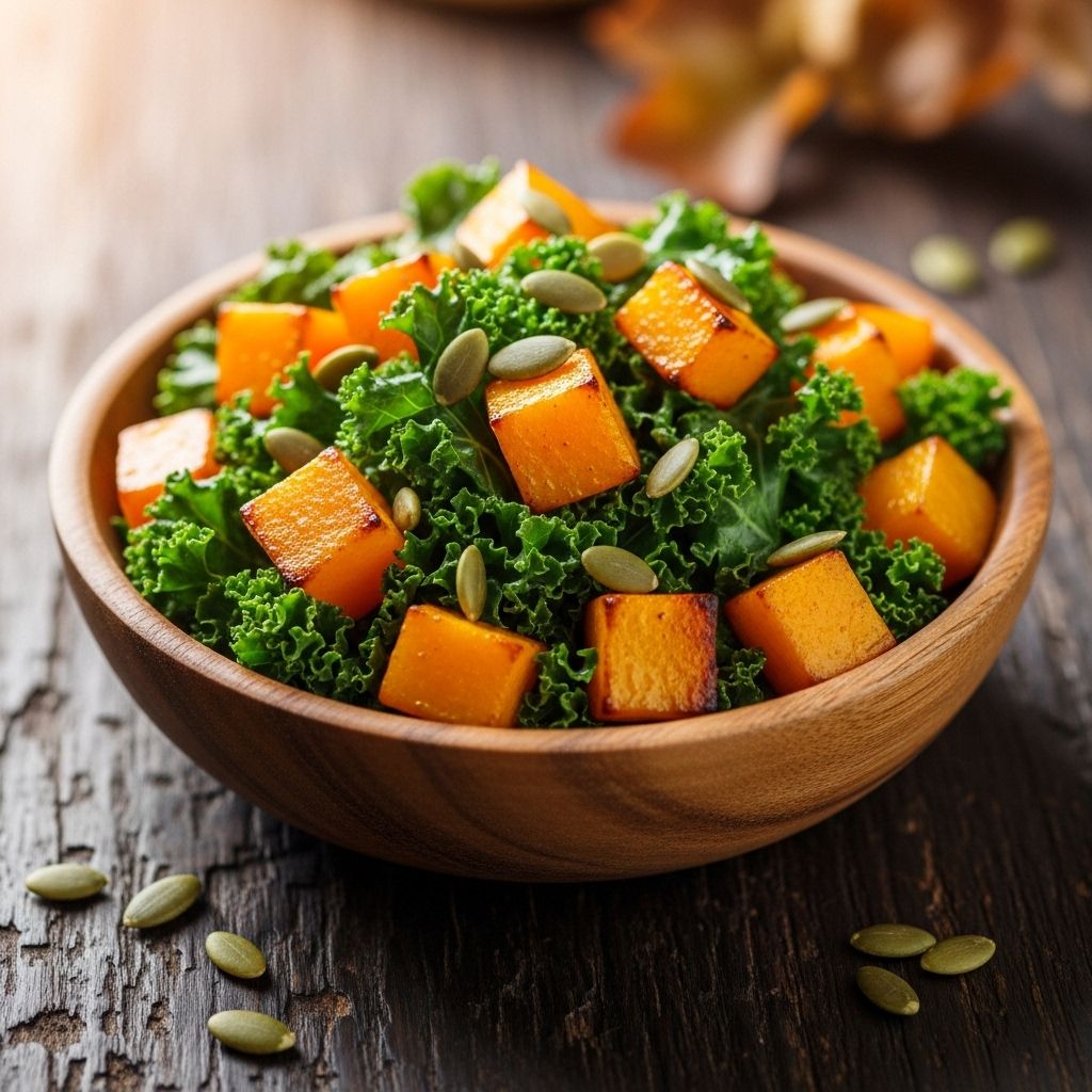 Sautéed Butternut Squash with Kale and Pumpkin Seeds: A Nutritious Fall Favorite Brighten your table with this savory sauté of butternut squash, kale, and crunchy pumpkin seeds—a vibrant fall dish packed with flavor.