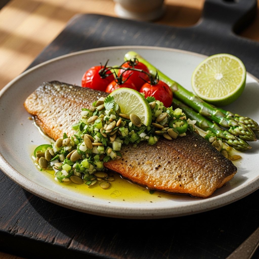 Discover a vibrant sautéed trout recipe paired with nutrient-rich green pumpkin seed salsa—bursting with fresh flavors for a healthy, quick weeknight meal.