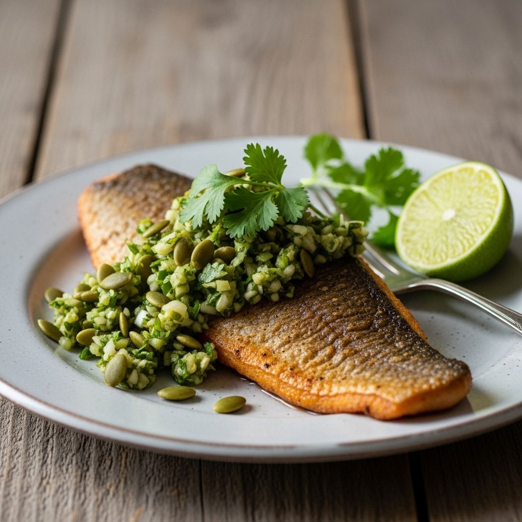 Brighten your dinner routine with this heart-healthy trout recipe topped with vibrant green pumpkin seed salsa.