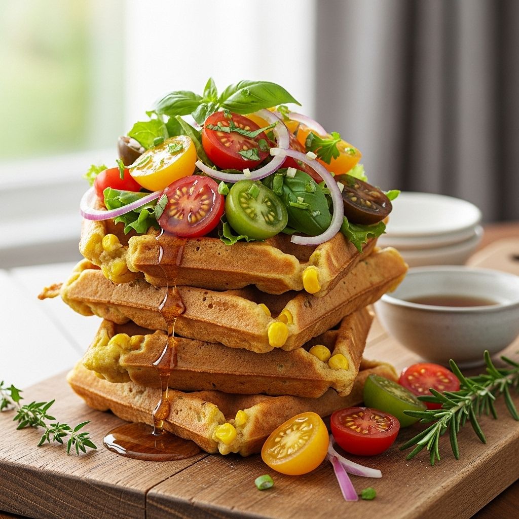 Delight your taste buds with hearty corn waffles paired with a vibrant, nutrient-rich salad and a creamy yogurt-lime dressing.