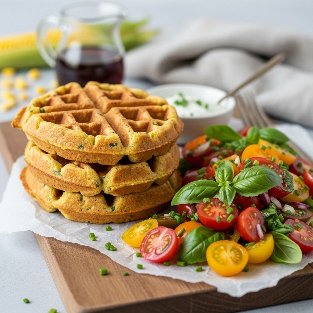 Discover a nourishing brunch recipe: golden corn waffles paired with a bright tomato-herb salad and creamy yogurt dressing.