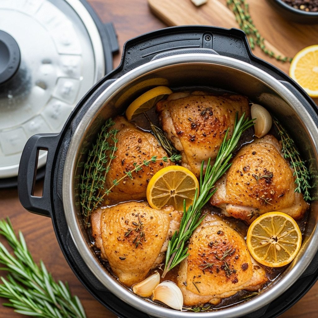 Savory Instant Pot Chicken Thighs Juicy thighs take on a golden sear before simmering in a glossy gravy for a comforting dinner.
