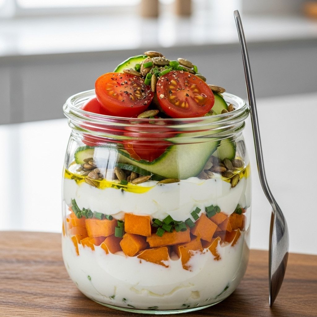 Discover a hearty and refreshing take on yogurt parfaits with wholesome grains, vibrant veggies, and zesty herbs.