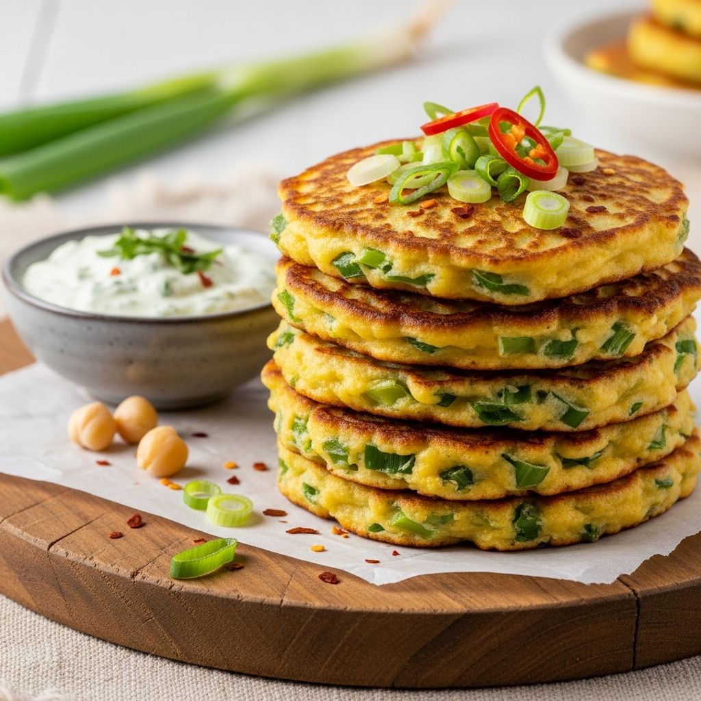 Discover a nutritious, gluten-free twist on a classic with these protein-packed scallion and chickpea pancakes, complete with a tangy dipping sauce.