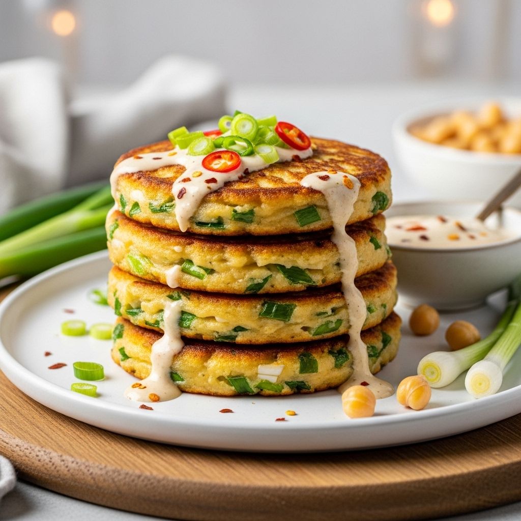 Discover the health benefits and delightful flavors of chickpea and scallion pancakes with a savory dipping sauce.