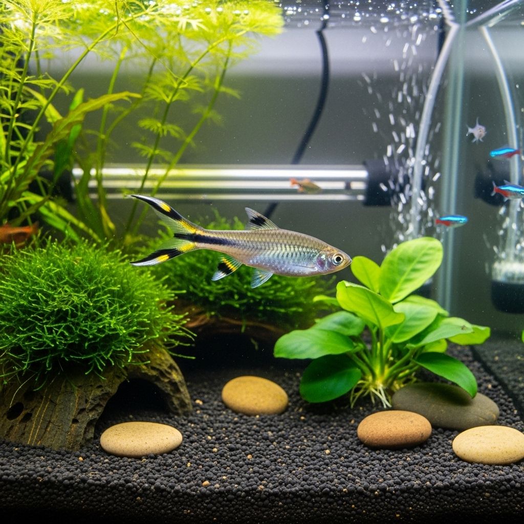 A harmonious shoal thrives when water clarity and subtle decor highlight natural movement.