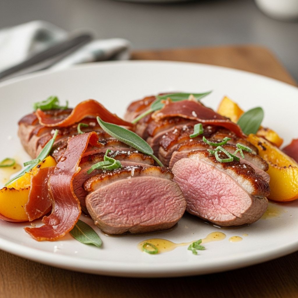 Seared Duck Breasts With Prosciutto, Sage, and Peaches: A Gourmet Summer Recipe Crispy skin meets sweet fruit for a memorable summer dinner experience.