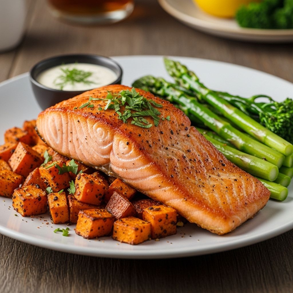 A high-protein, nutrient-rich meal pairing tender seared salmon with oven-roasted spiced sweet potatoes and vibrant vinaigrette.