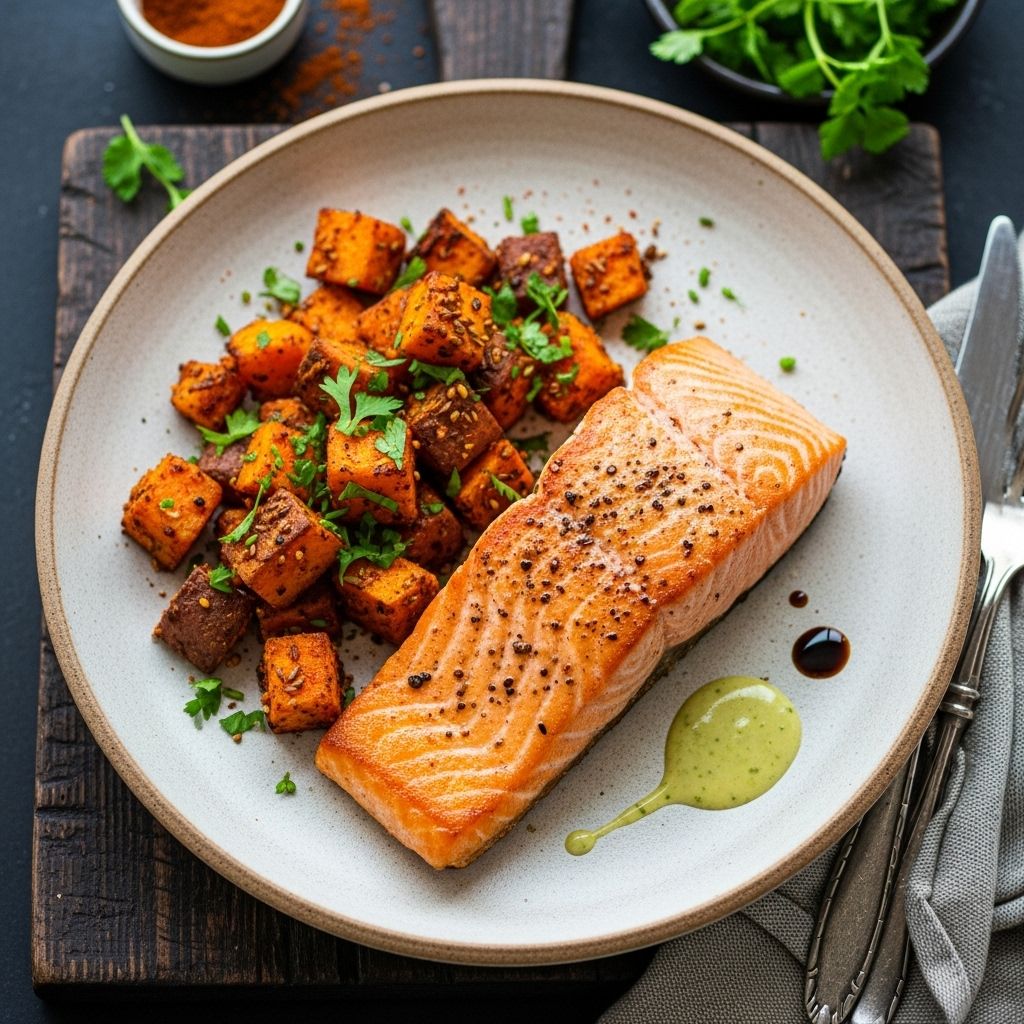 A vibrant and nutritious salmon recipe paired with spiced sweet potatoes for a balanced, flavor-rich weeknight dinner.