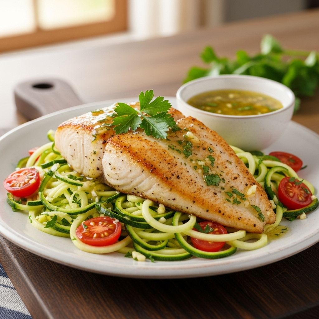 Experience a light, nutritious dinner with quick-cooking seared tilapia served over roasted spiralized zucchini, brightened with lemon, garlic, and capers.
