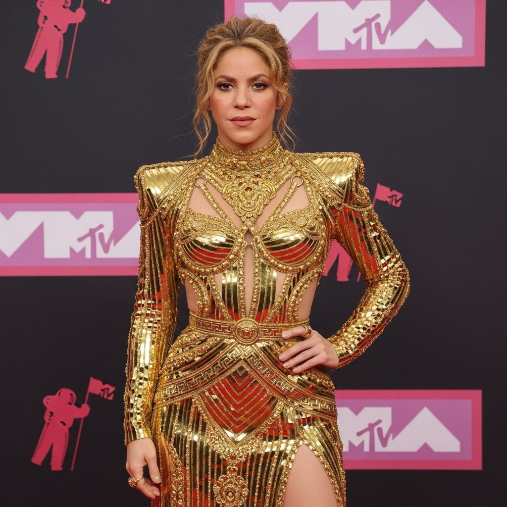 Shakira’s sparkling gold Versace gown with daring cutouts dazzled the 2023 MTV VMAs, inspiring excitement and fan admiration.