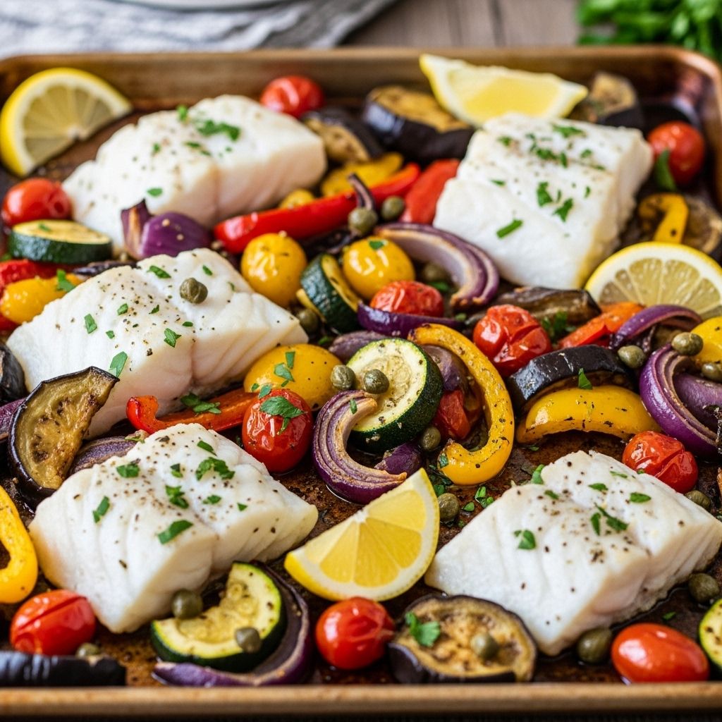 Flaky cod roasted atop sweet, tangy caponata for a zesty, mess-free Mediterranean meal.