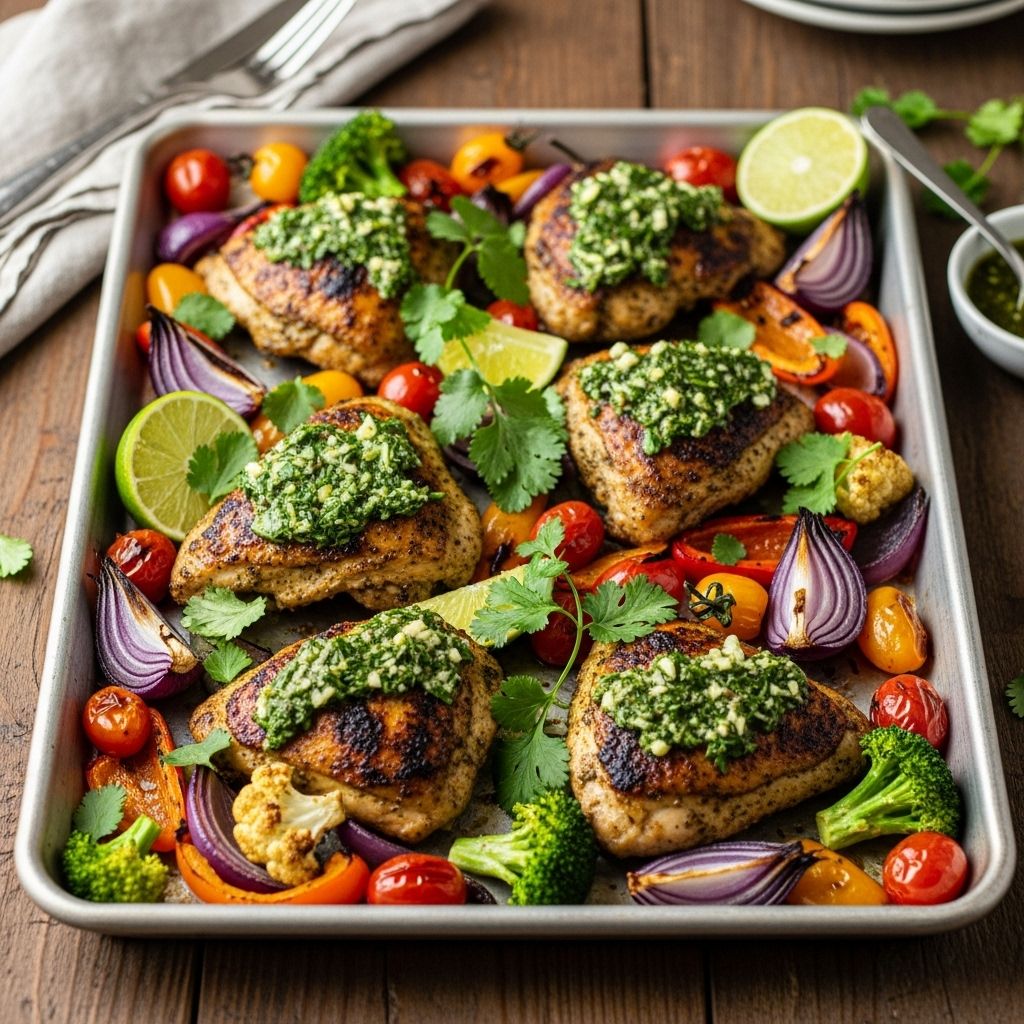 Crisp-skinned poultry meets vibrant herbs and caramelized veggies in one effortless bake.