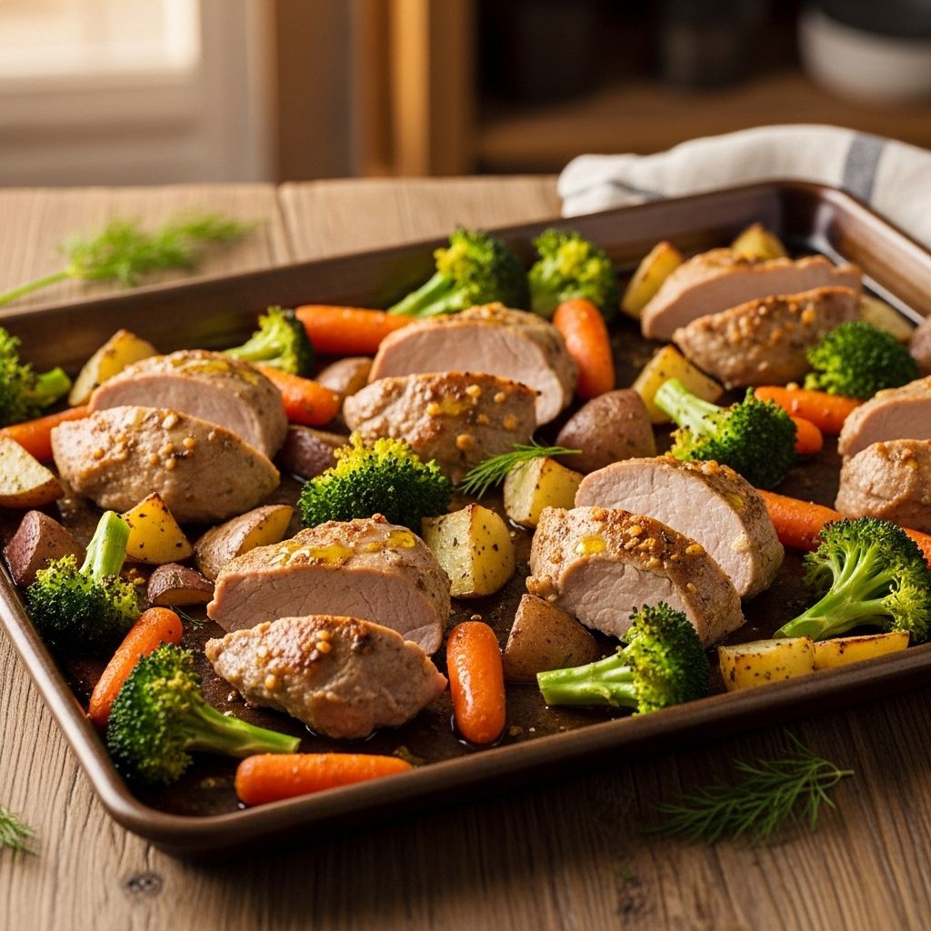 Chops and colorful produce blend into a zesty roast ready in minutes.