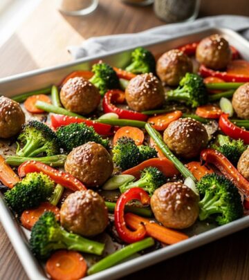 A sticky glaze elevates tender pork bites and roasted produce for a fuss-free feast.