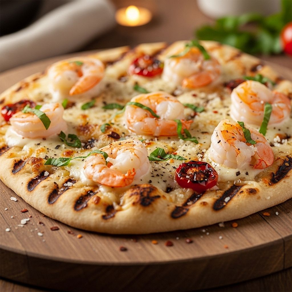 Tender shrimp and silky alfredo sauce transform everyday flatbread into a gourmet feast.