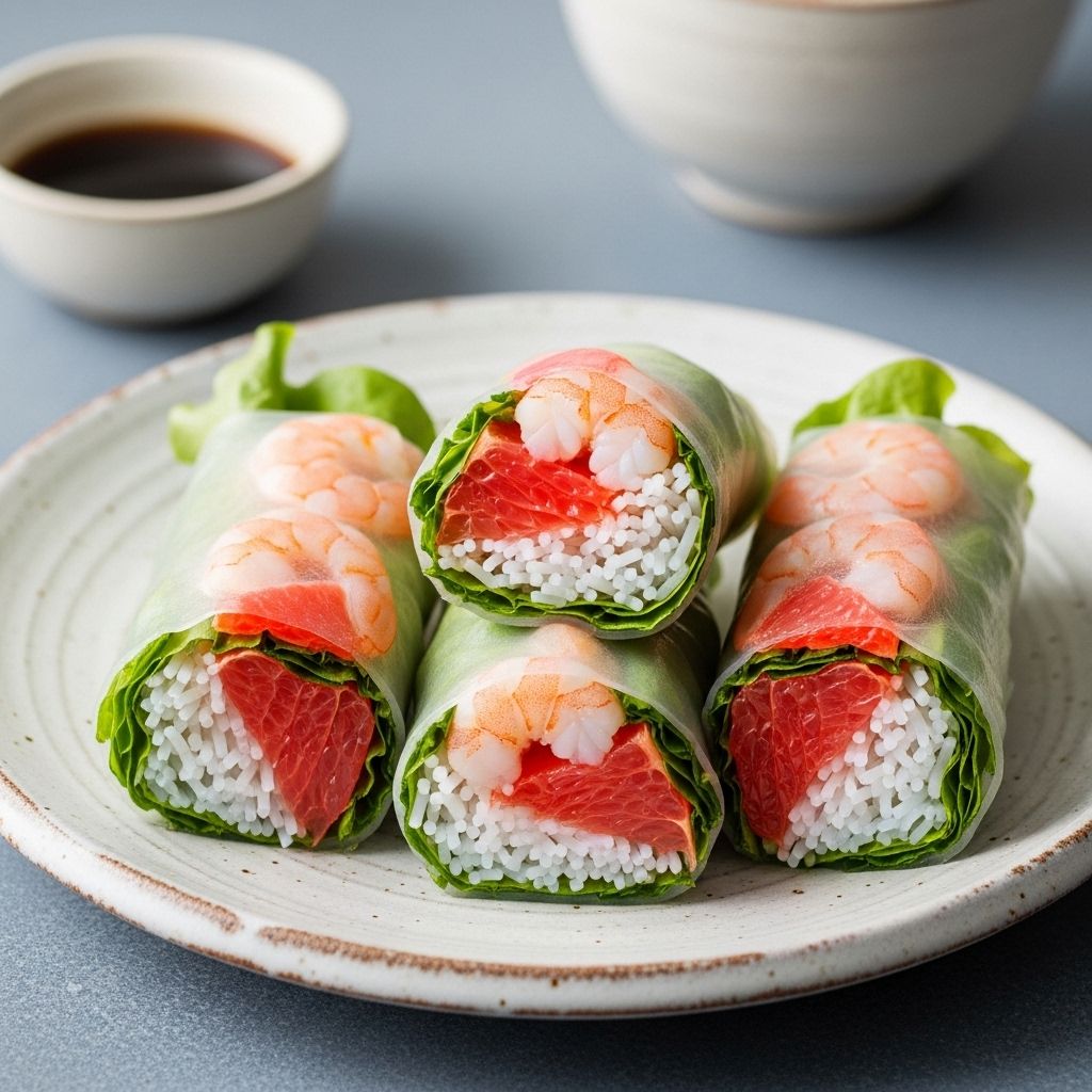 Elevate snack time with vibrant shrimp and grapefruit hand rolls, wrapped in nori and served with a zesty citrus ponzu.