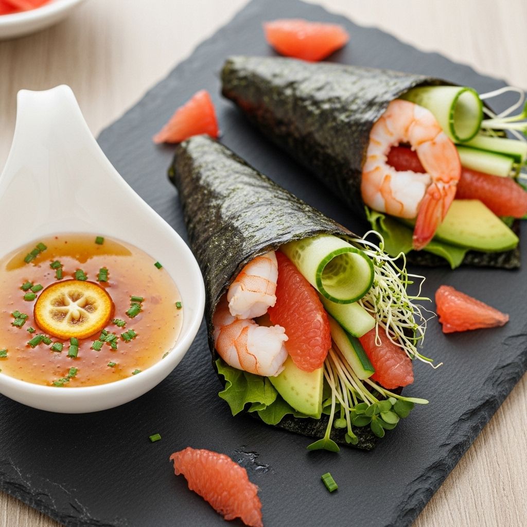Discover a vibrant sushi-inspired hand roll recipe featuring shrimp, grapefruit, and citrus ponzu—perfect for healthy, flavorful meals.
