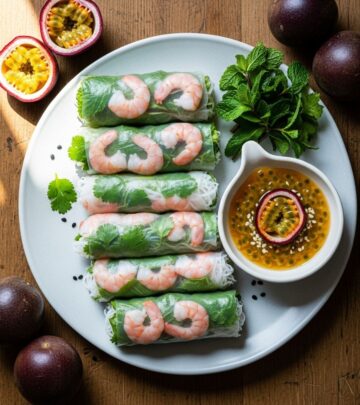 Fresh, light, and vibrant: these shrimp summer rolls with exotic passion fruit sauce bring summer to your table.