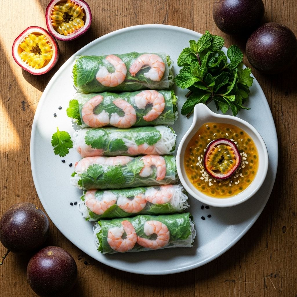 Fresh, light, and vibrant: these shrimp summer rolls with exotic passion fruit sauce bring summer to your table.