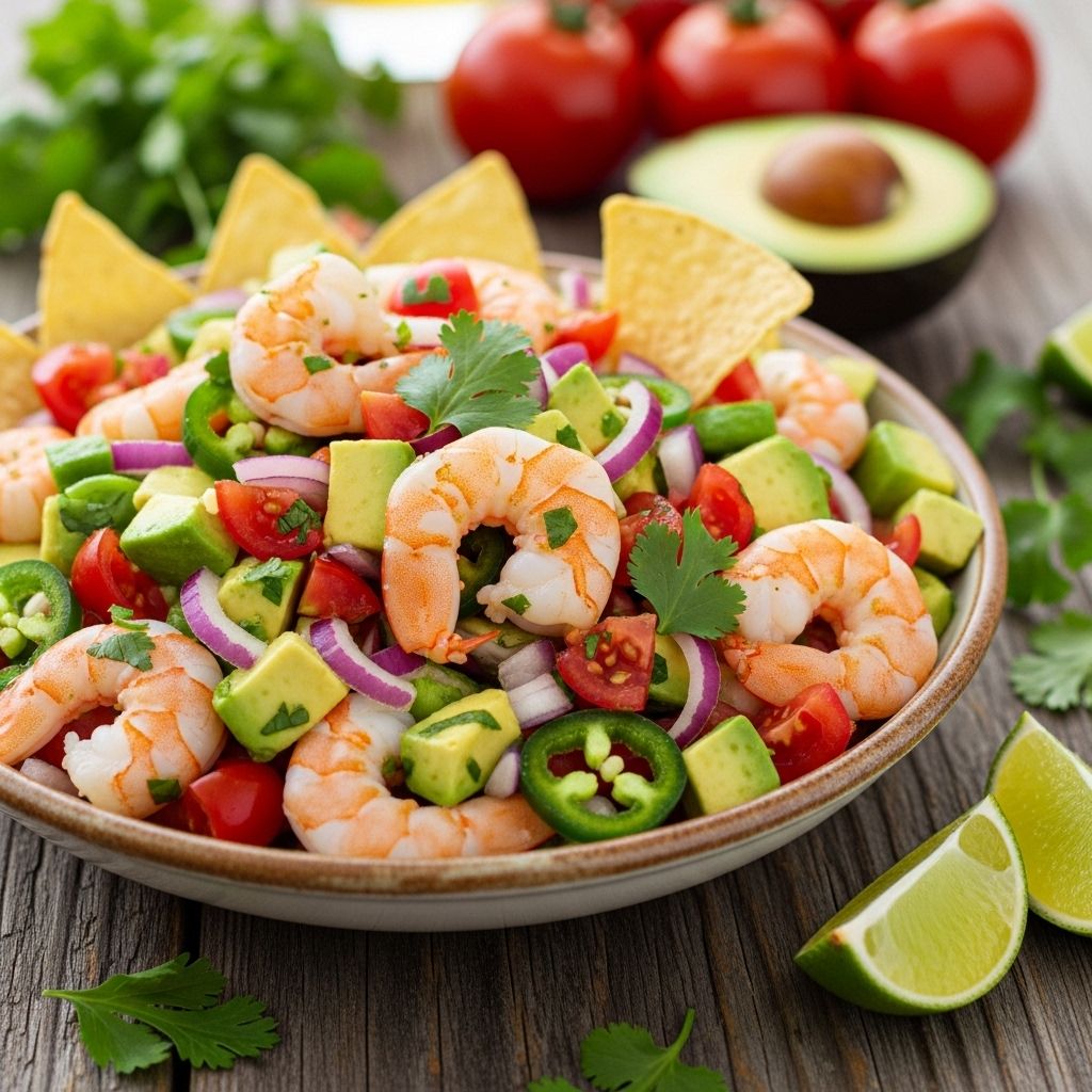 Shrimp, avocado, and veggies meld in a zesty blend bursting with fresh flavor.