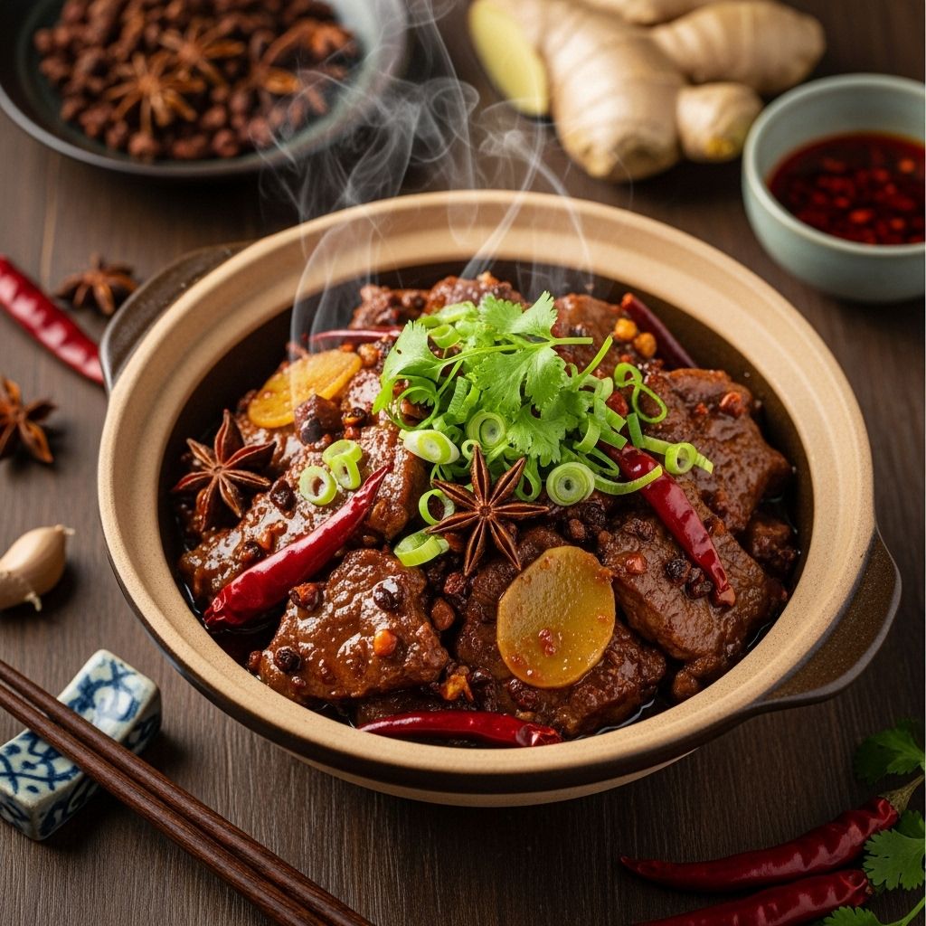 Chili-bean paste and aromatics fuse with tender beef for a savory Sichuan favorite.