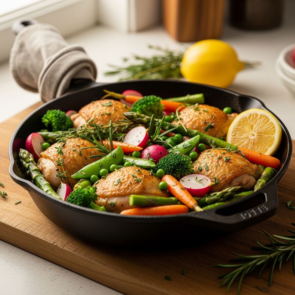 Skillet Chicken with Spring Vegetables: Easy, Flavorful One-Pan Dinner Vibrant seasonal flavors blend with juicy chicken for a colorful, low-mess supper.