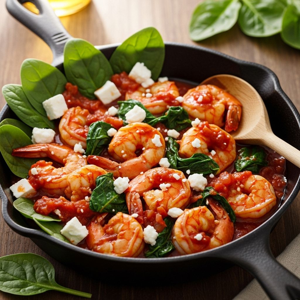 Enjoy a fast, nutritious, and colorful skillet dinner featuring shrimp, salsa, fresh spinach, and tangy feta, ready in just minutes.