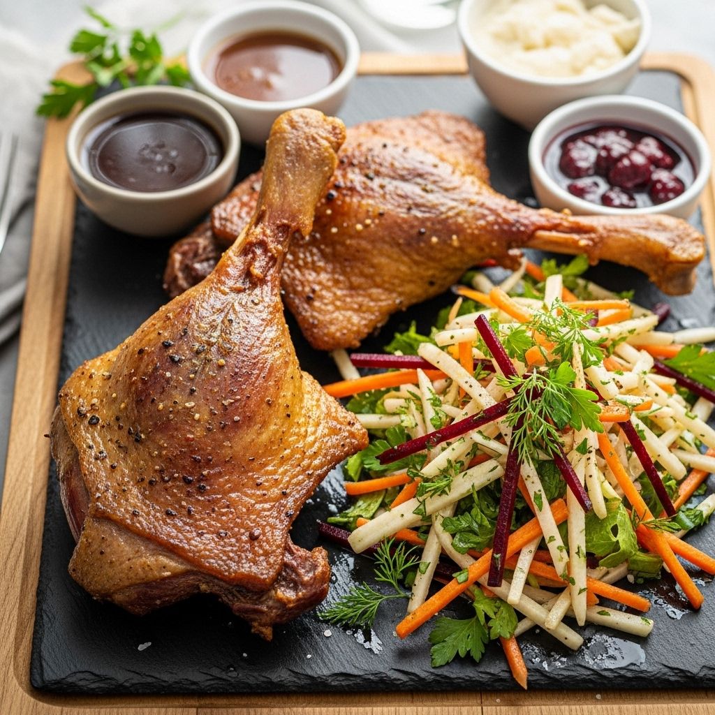 A decadent spin on classic confit that balances rich protein with fresh, crisp textures.