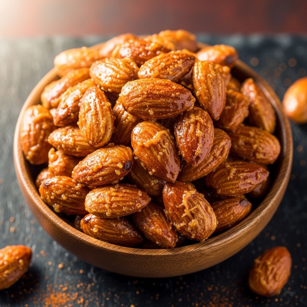 A crunchy, caramel-coated snack that balances sweet heat and savory depth.