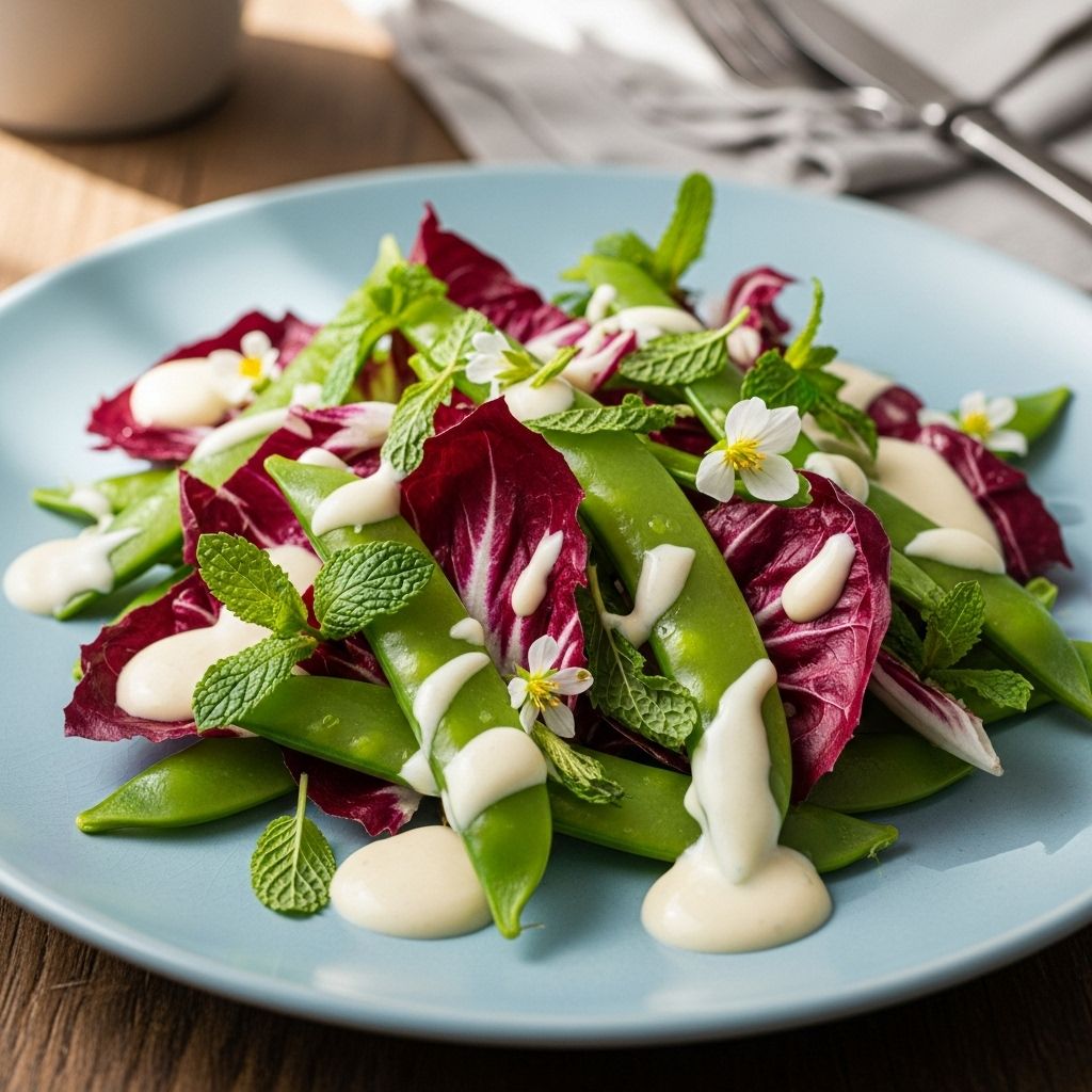 A tangy garlic sauce enlivens crisp veggies and purple leaves for a refreshing dish.