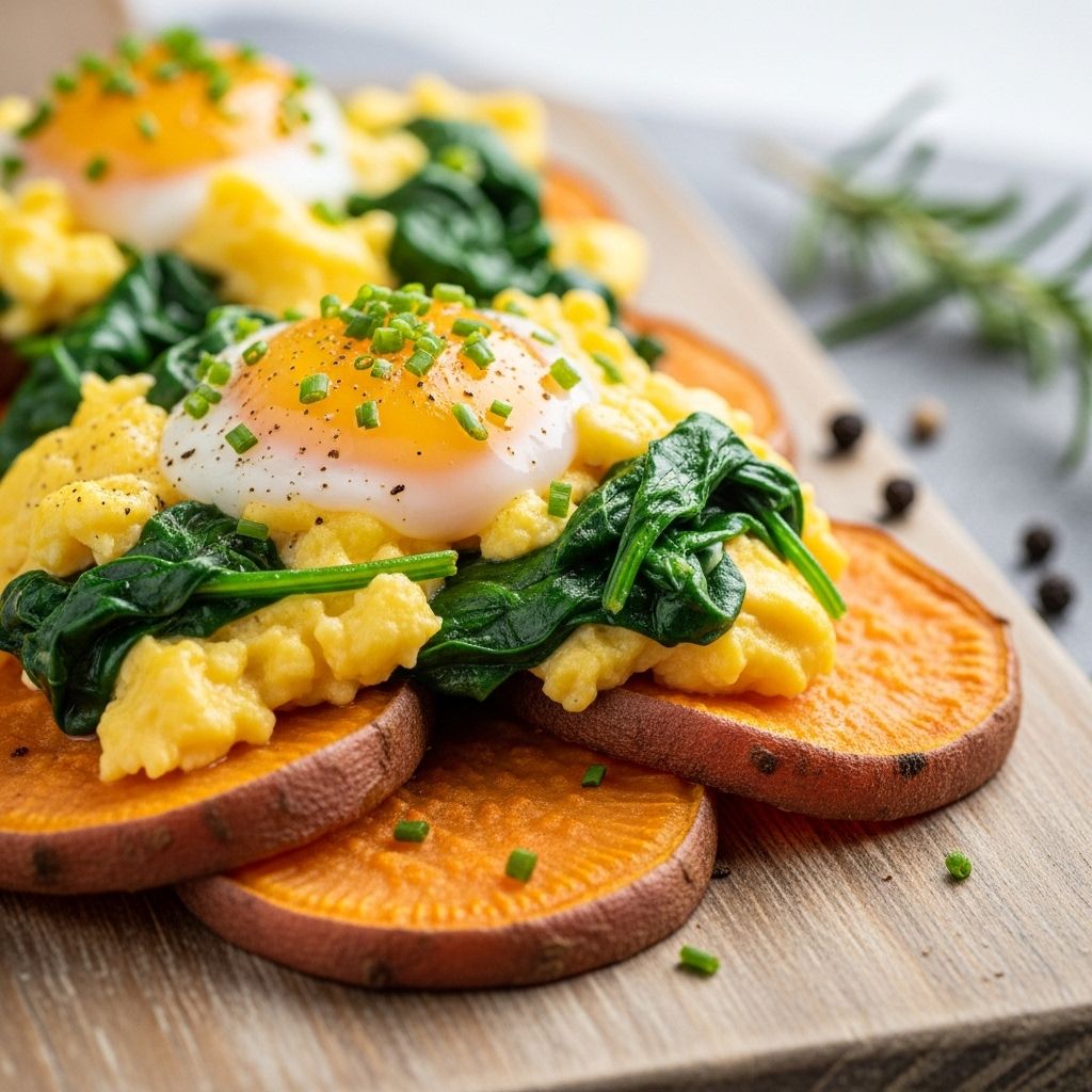 Discover the ultimate protein-packed breakfast: creamy eggs with spinach atop golden roasted sweet potatoes.