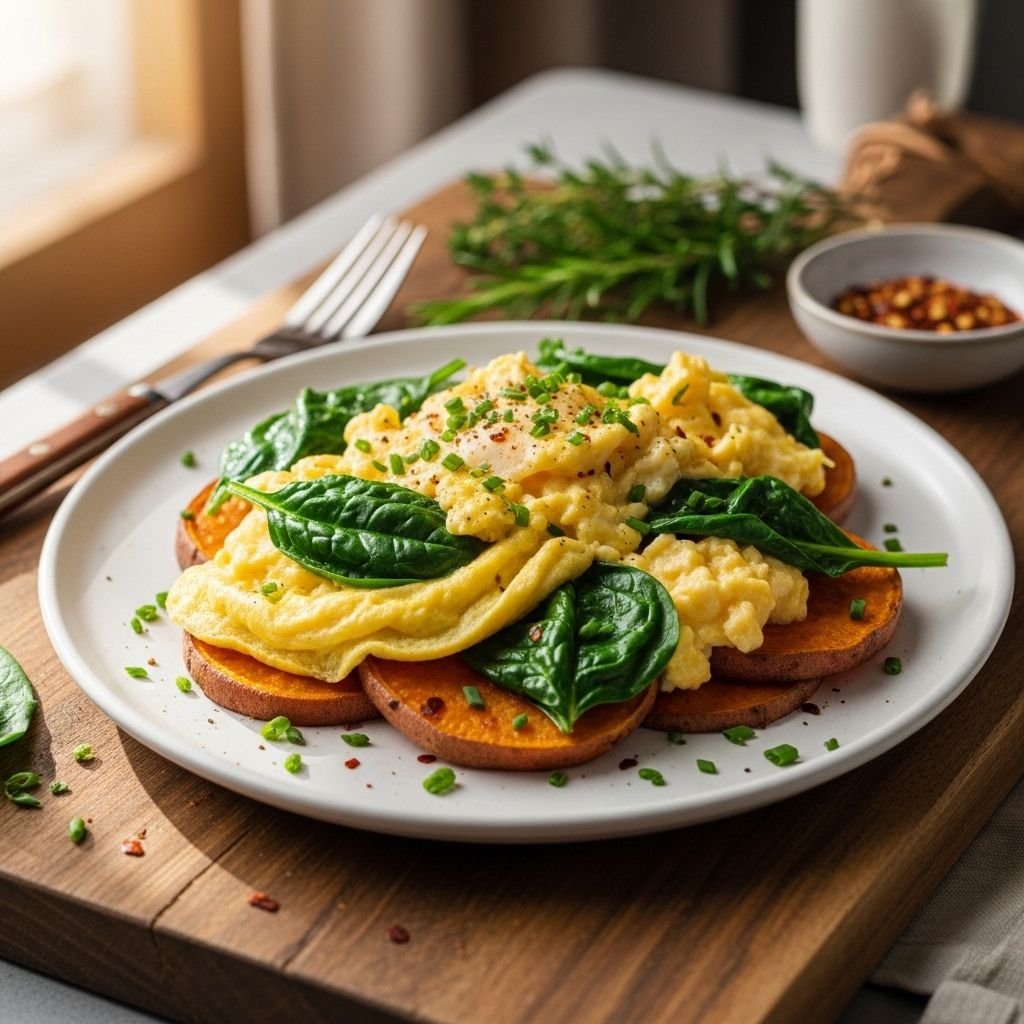 Boost your breakfast routine with this protein-packed, veggie-rich recipe combining soft scrambled eggs, spinach, and roasted sweet potatoes.