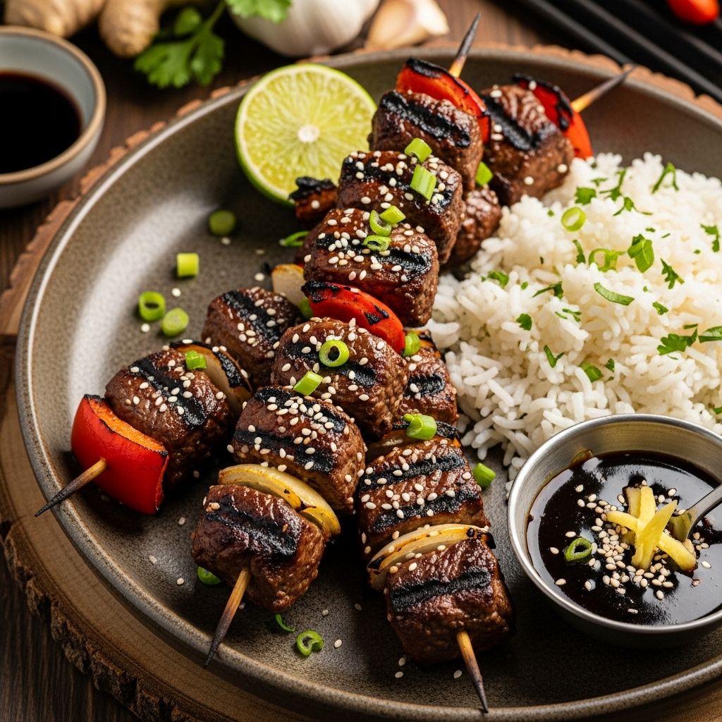Sticky, umami-rich marinade tenderizes beef and brightens every bite of vibrant skewers.