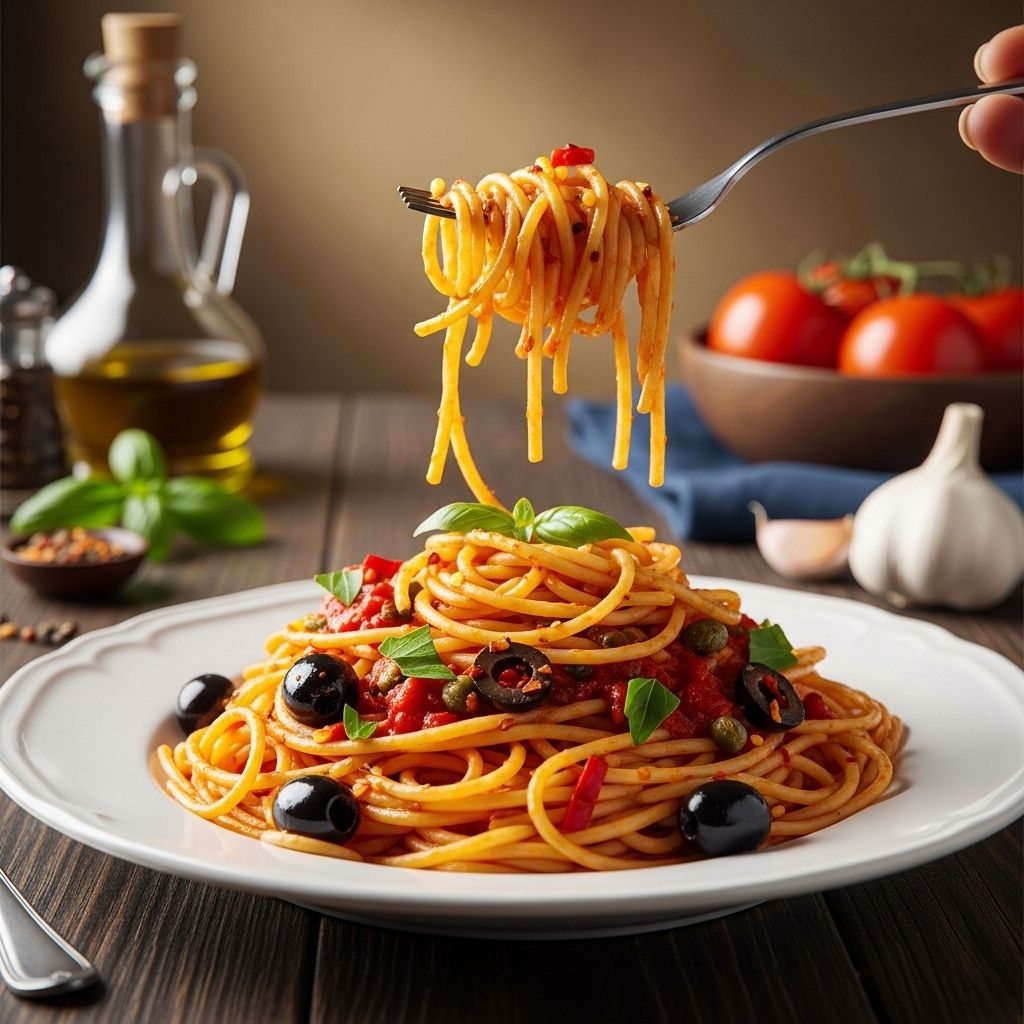 A pantry-driven sauce melding olives, capers, and anchovies into a savory, umami-rich blend.