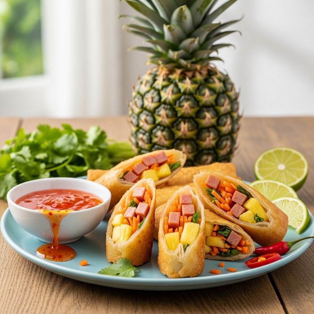 Spam and Pineapple Spring Rolls with Sweet and Sour Sauce Enjoy a fusion of sweet, salty, and crunchy textures that surprise every palate.