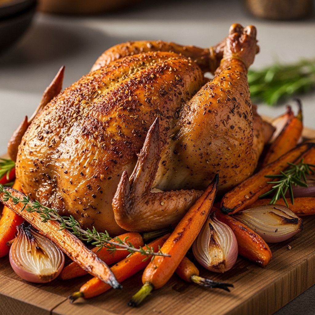 A vibrant, spice-kissed whole chicken dinner with caramelized carrots and shallots, ready in under two hours for nutritious, crowd-pleasing flavor.