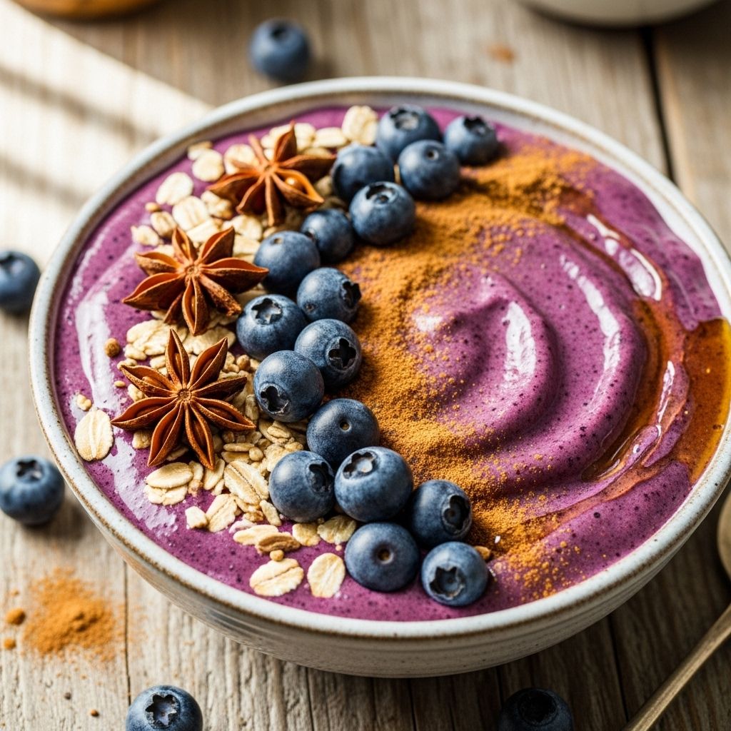 Elevate your mornings with this antioxidant-rich, protein-powered blueberry smoothie bowl featuring warming spices.