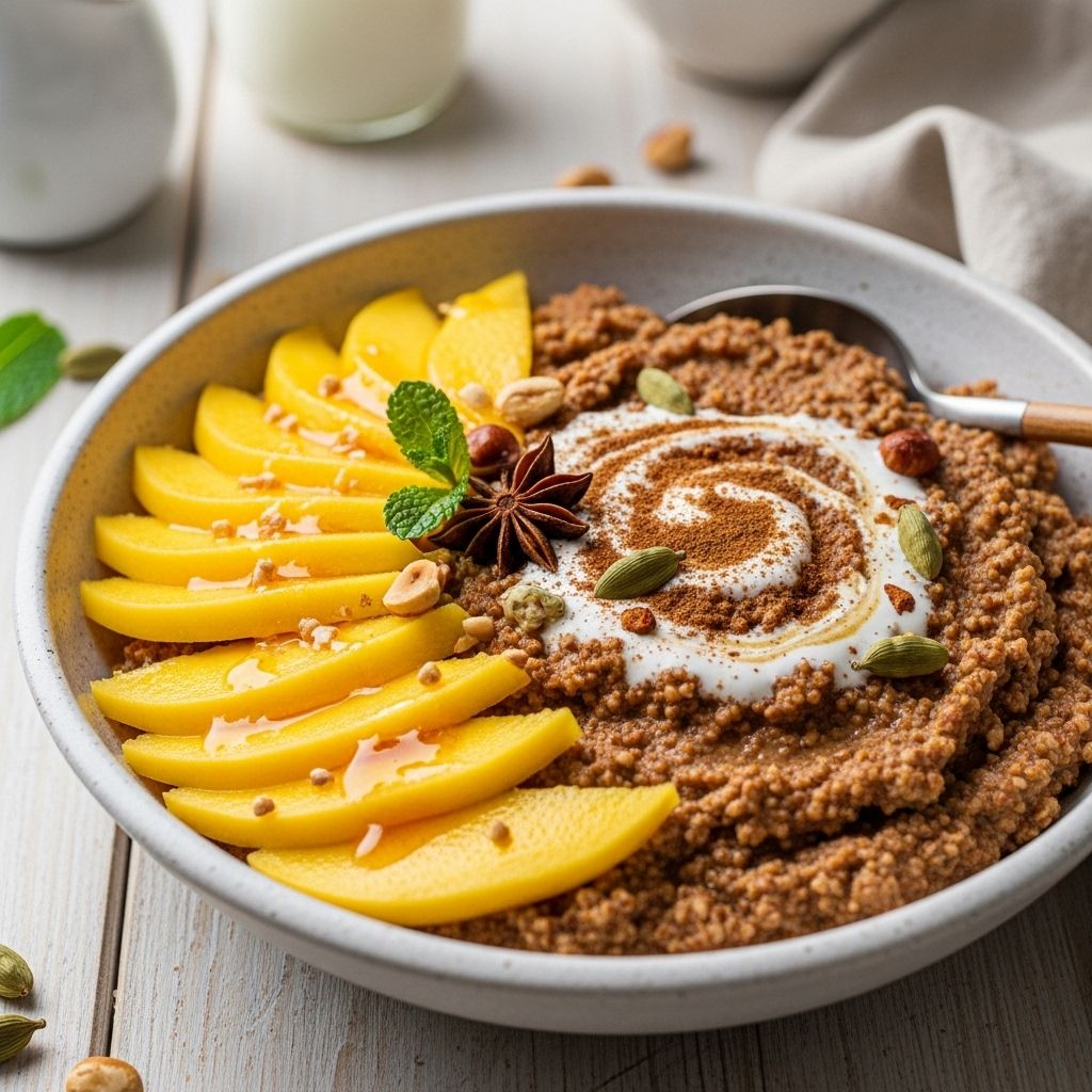 Warm up your mornings with nutrient-rich spiced teff porridge, crowned with mango, coconut, and toasted seeds.