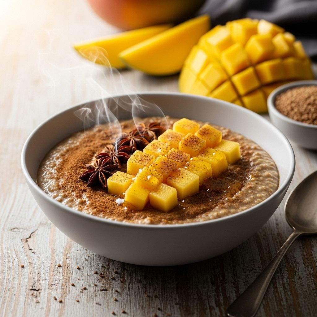 Discover the wholesome benefits and vibrant flavors of a plant-based teff porridge breakfast, topped with fresh mango and spices.