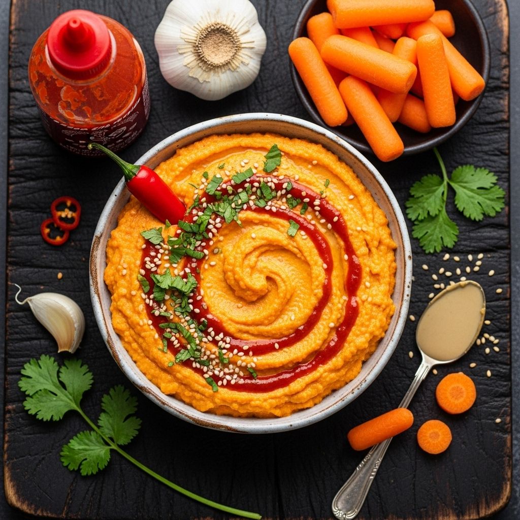 Experience the sweet warmth of carrots and bold heat of Sriracha in this vibrant, creamy hummus perfect for snacks, parties, and healthy meals.