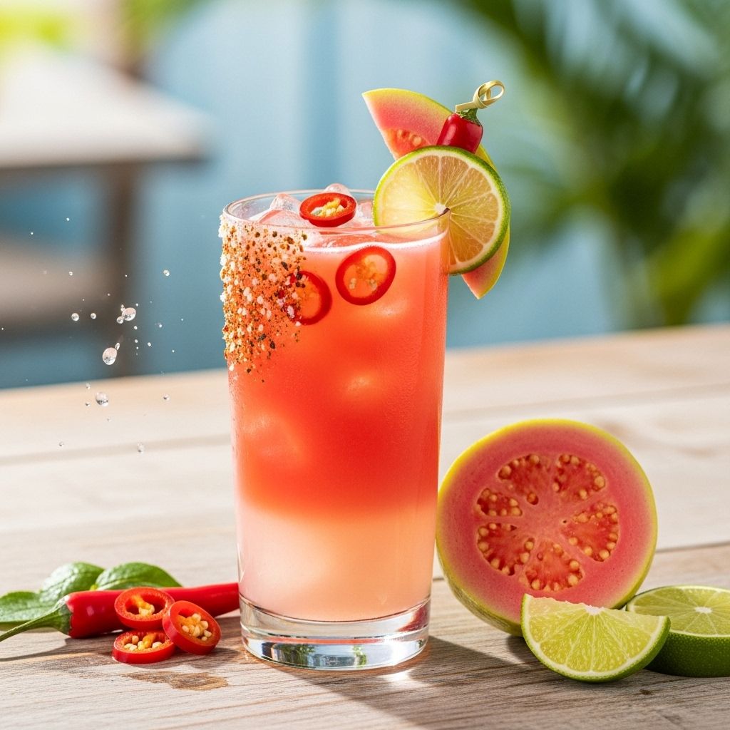 Elevate your next gathering with a vibrant, alcohol-free guava margarita mocktail packed with sweet, tangy, and spicy flavors.
