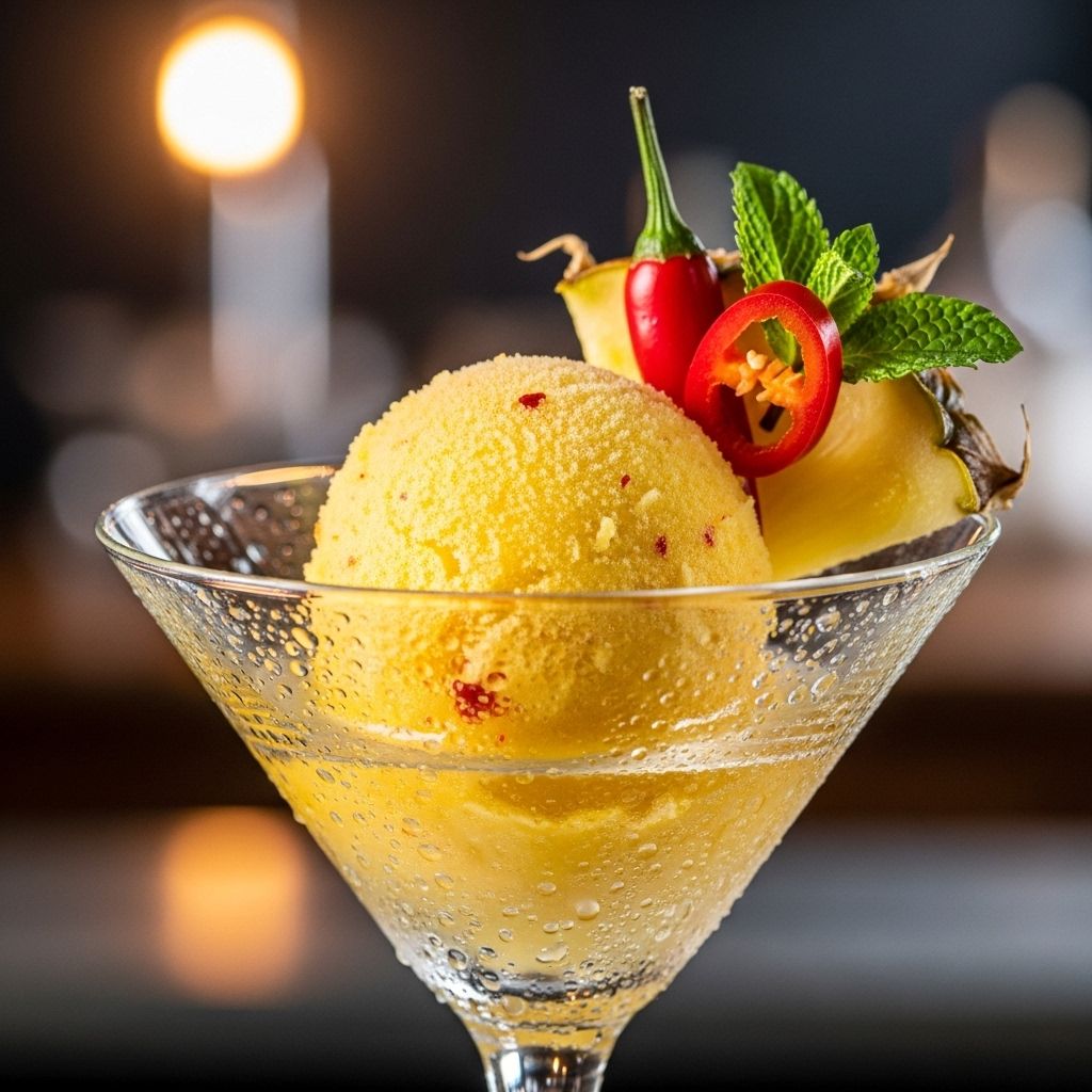 Grown-up dessert blending tropical sweetness with a subtle chili warmth.